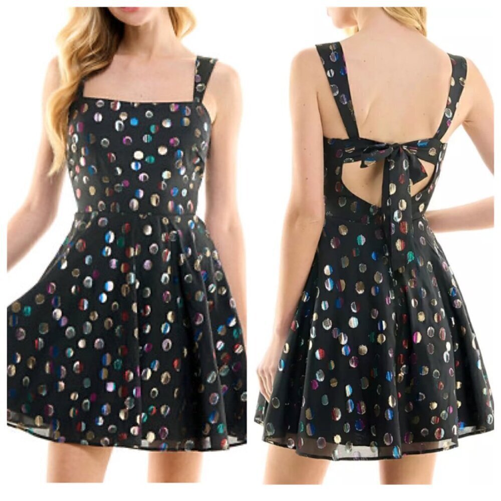 City Studios Womens Juniors Chiffon Polk Dot Mini Fit & Flare Dress Sz 1/2 Black
